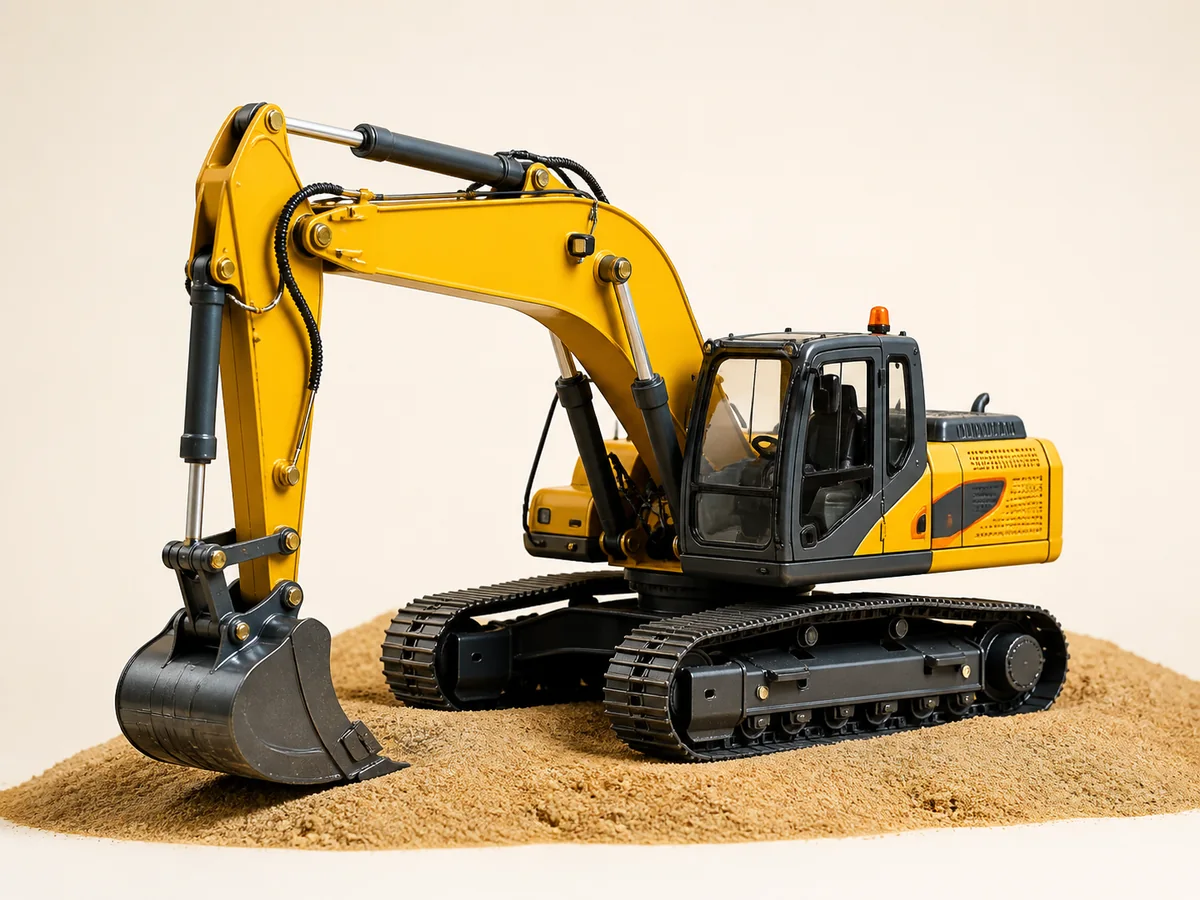 Mini RC Excavator kuning RCVerse di atas pasir studio