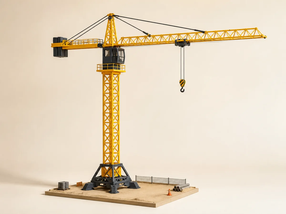 Mini Tower Crane kuning RCVerse dalam studio
